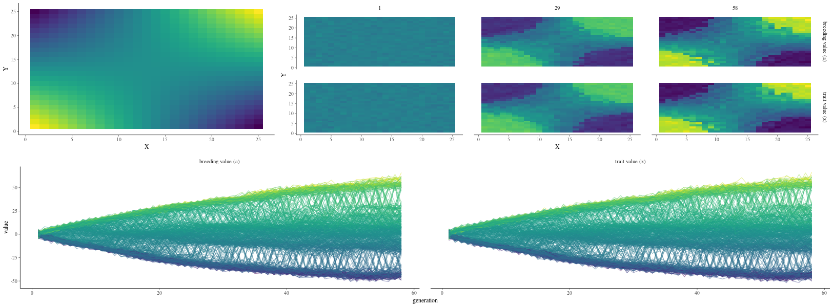 Results of the two-dimensional simulator with default settings over 58 generations. The upper left subplot shows the environmental matrix where the individuals develop, from -E in blue to E in yellow. The upper right subplot shows the breeding values a (upper row) and phenotypic values z (lower row) in the matrix for 3 different generations (the 1st in the left column, the 29th in the central column and the 58th in the right column), from -E in blue to E in yellow. The bottom subplot shows the breeding values a (left column) and phenotypic values z (right column) for each cell in the matrix (one line) with its associated environmental value, from -E in blue to E in yellow, over the 58 generations.